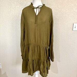 Anthro Easel Los Angeles Sz Large Dress Olive Green Flowy Ruffle Long Sleeve NWT